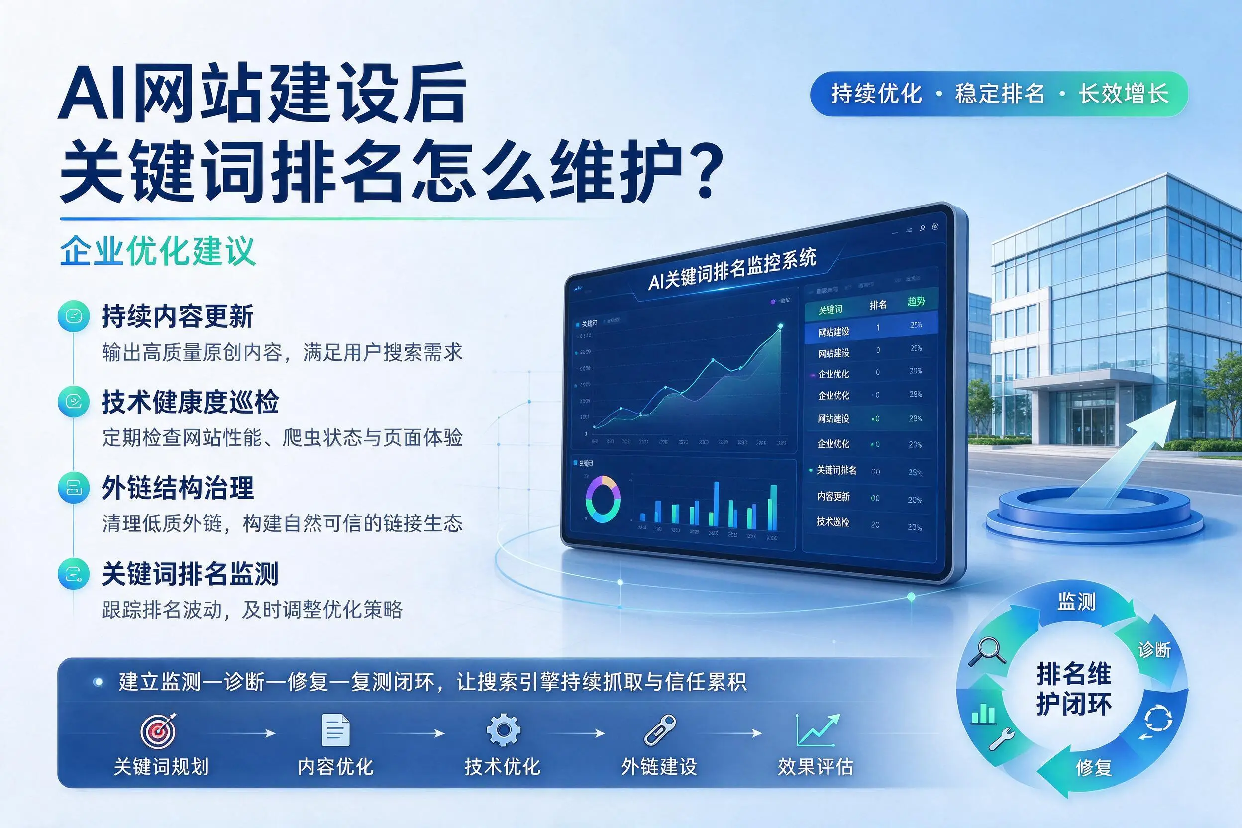 AI网站建设后关键词排名怎么维护？佳木斯企业优化建议