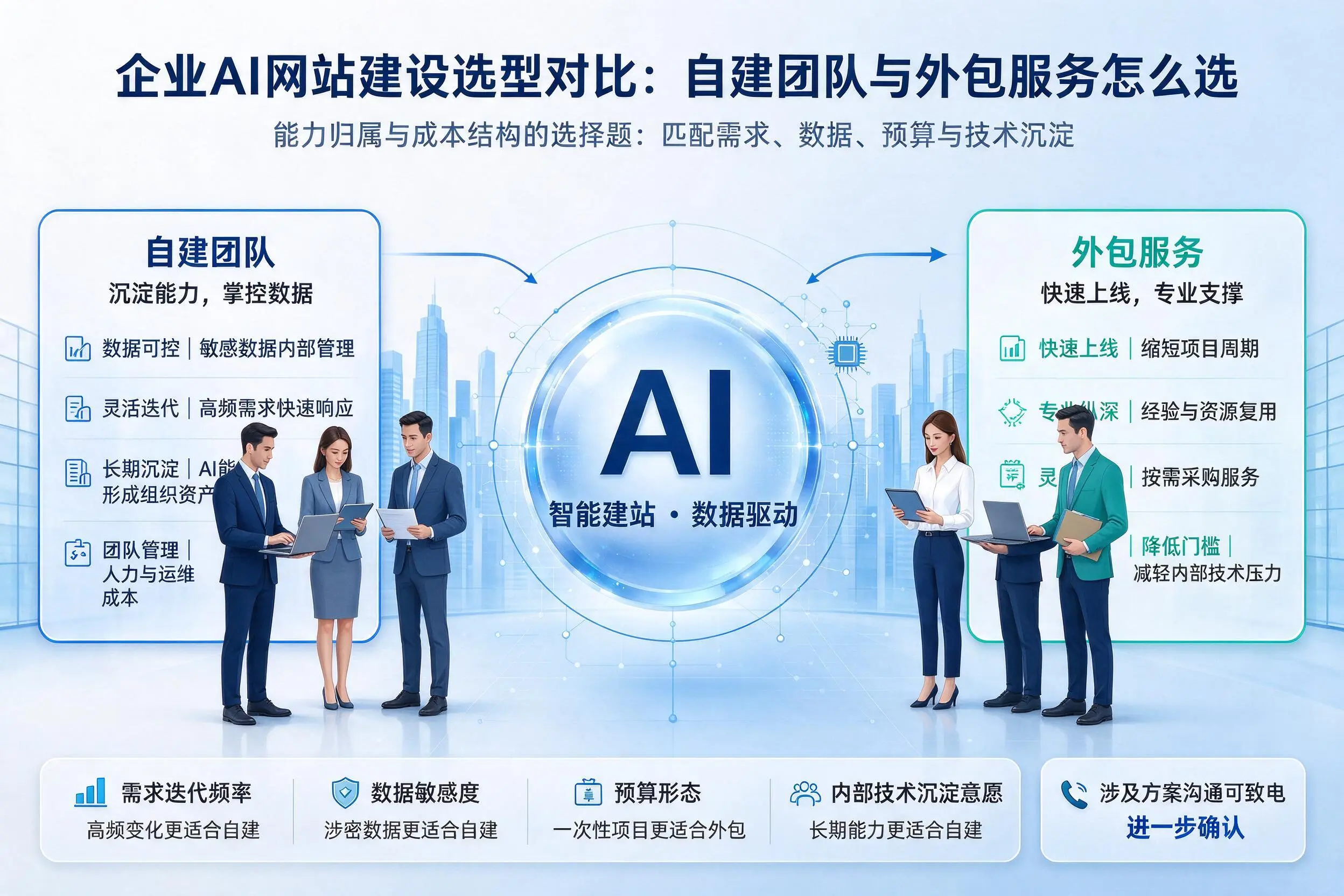 佳木斯企业AI网站建设选型对比:自建团队与外包服务怎么选